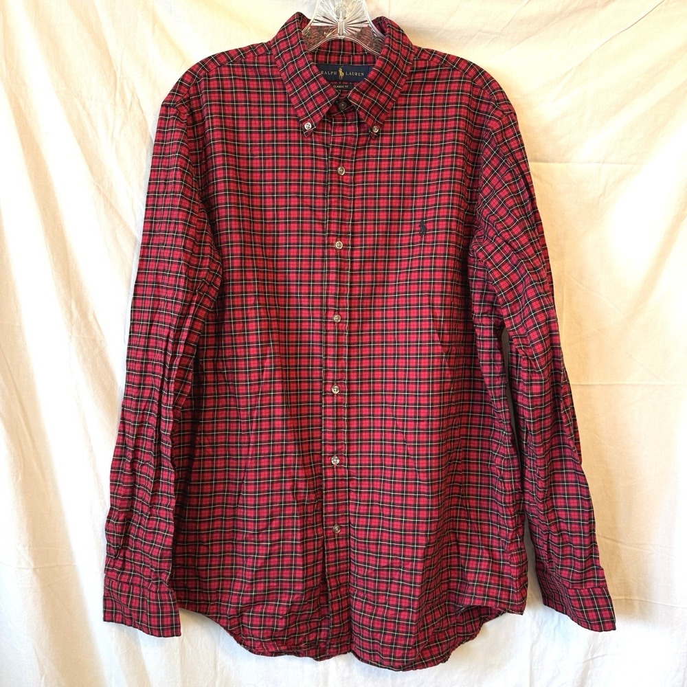 Ralph Lauren Button Down Shirt Large Red Black Plaid Classic Fit Long Sleeve - Picture 2 of 8